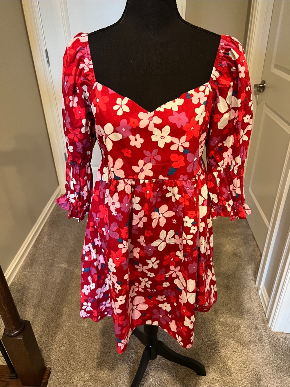 vestique Red & Pink Floral Sweetheart Puff-Sleeve Mini Dress